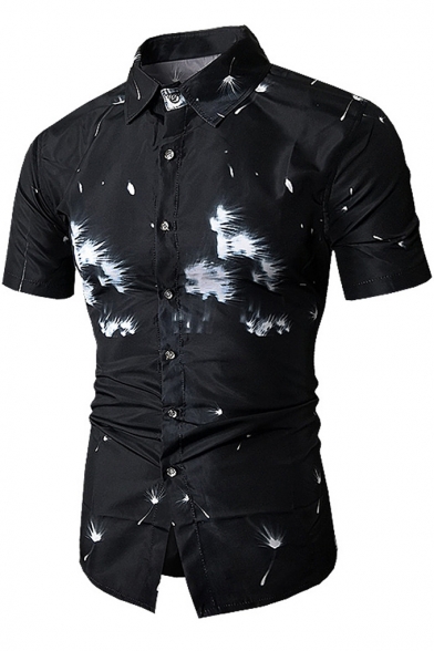 Guys Fashion Dandelion Pattern Short Sleeve Black Casual Fitted Button Front Shirt