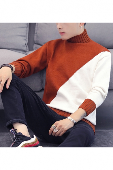 Guys New Fashion Color Block Long Sleeve High Neck Casual Pullover Sweater
