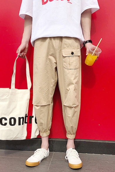 Guys New Trendy Simple Plain Gathered-Cuff Cropped Loose Fit Tapered Cargo Pants