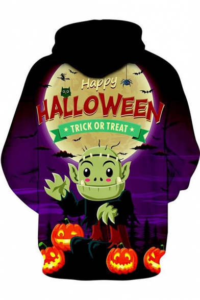 Halloween Trick Or Treat Funny 3D Comic Zombie Printed Relaxed Fit Purple Hoodie