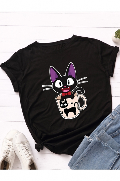 Lovely Cat Cup Pattern Round Neck Short Sleeve Basic Casual Cotton T-Shirt