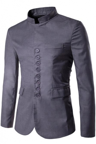 Men's Chinese Style Plain Single-Breasted Stand Collar Long Sleeve Wedding Blazer Suit for Groom
