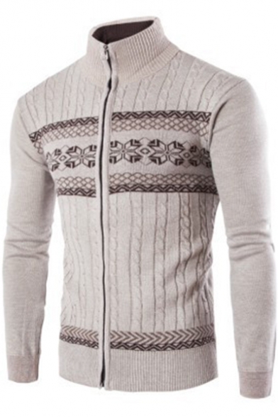 Men's New Trendy Geometric Printed Stand Collar Slim Fit Zip Up Cable Knit Cardigan