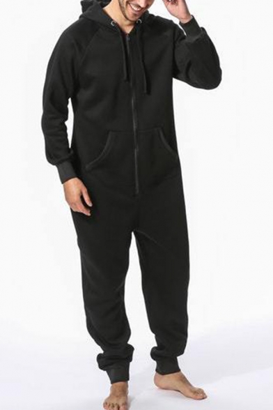 Men's Simple Solid Color Long Sleeve Thermal Zip Up Hoodie Homewear Lounge Jumpsuits