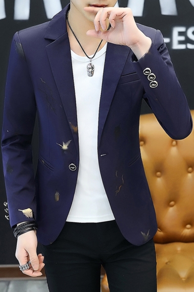 Men's Stylish Bronzing Leaves Print Slim Fit Long Sleeve Single Button Casual Suits Blazer
