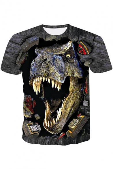 Men's Trendy 3D Dinosaur Pattern Short Sleeve Dark Grey Basic T-Shirt