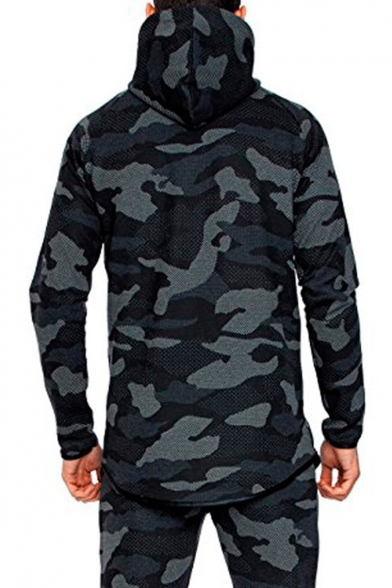Mens Cool Outdoor Fashion Camo Printed Drawstring Hooded Zip Up Slim Fit Coat