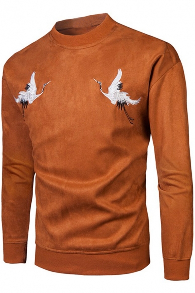 Mens Fashion Embroidery Crane Pattern Crewneck Long Sleeve Sweatshirt