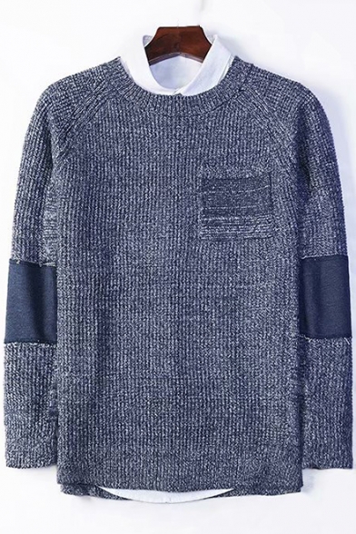 Mens New Fashion Patched Long Sleeve Casual Loose Plain Marled Knit Sweater