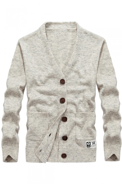Mens Simple Plain Long Sleeve Button-Front V Neck Marled Knit Cardigan