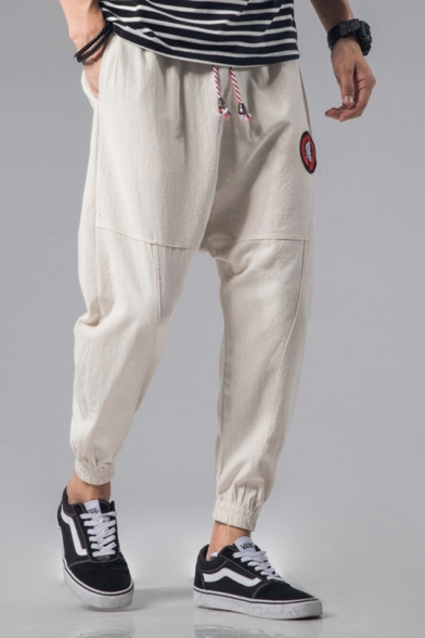 Mens Street Style Cool Patchwork Drawstring Waist Loose Fit Linen Track Pants