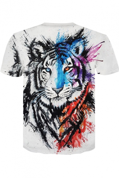 Mens Summer Fashion 3D Colorful Tiger Printed Round Neck Short Sleeve White Tee