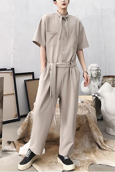 Mens Summer Stylish Unique Tied Collar Short Sleeve Tied Waist Solid Color Baggy Jumpsuits Coveralls