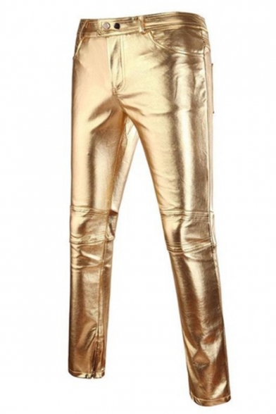 Mens Trendy Nightclub Cool Plain Metallic Color Zipper Fly Slim-Fit Biker Pants Leather Pants