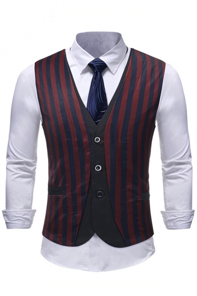 Mens Trendy Stripes Printed Single Breasted Fake Two-Piece Suit Vest