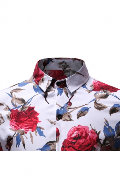 Mens Unique Allover Rose Pattern Long Sleeve Casual Button-Up Shirt