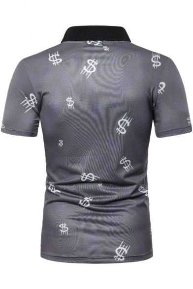 New Fashion Allover Currency Symbol Printed Short Sleeve Grey Polo for Men