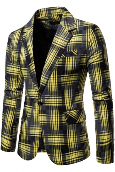 New Stylish Checkered Print Single Button Notch Lapel Long Sleeve Suit Jacket for Men