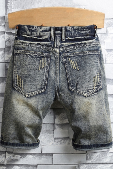 New Stylish Distressed Ripped Applique Patched Casual Blue Denim Shorts for Men