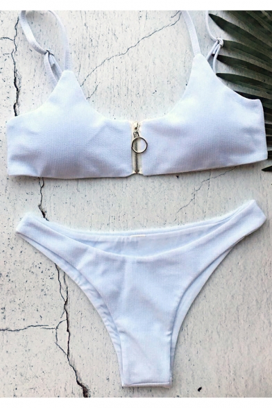 New Stylish Zipper Front Sleeveless Crop Top Plain Bikini