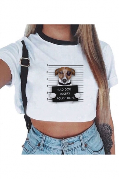 New Trendy Cute Dog Letter BAD DOG Printed Round Neck Short Sleeve Cropped White Graphic T-Shirt