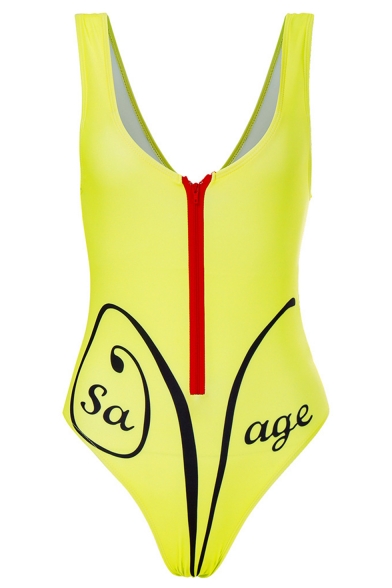 New Trendy Letter SA AGE Printed Zipper Front Sleeveless One Piece Swimwear