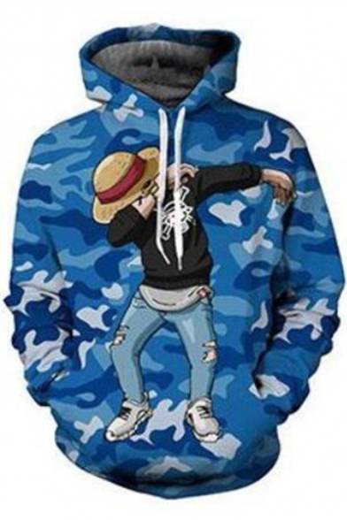 Cool Comic Camo Printed Sport Relaxed Pullover Blue Hoodie