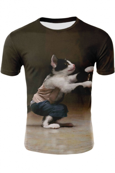 Popular 3D Cat Printed Round Neck Short Sleeve Leisure Brown T-Shirt