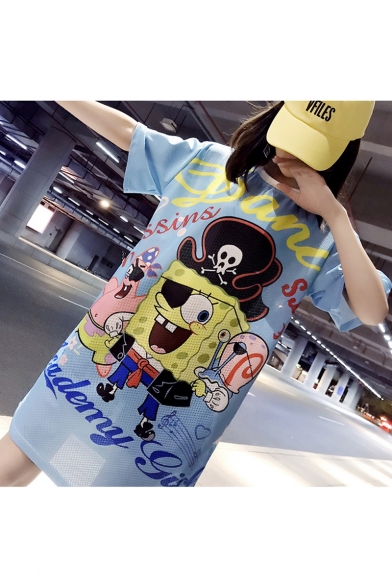 Quick Drying Cartoon Letter Printed Half Sleeve Blue Longline Loose Fit T-Shirt