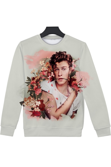 Canadian Singer-Songwriter Fashion Floral Character Printed Round Neck Long Sleeve Sweatshirt