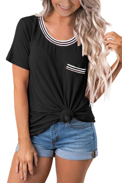 Simple Stripe Edge Round Neck Short Sleeve Loose Casual T-Shirt