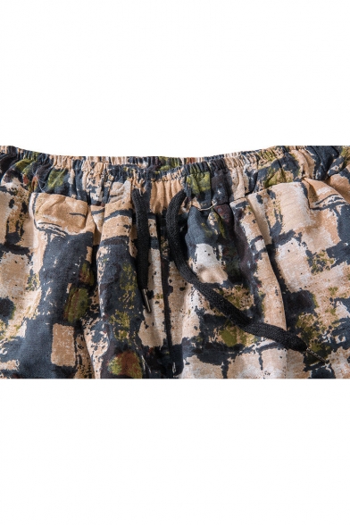 Summer Chinese Style Retro Printed Drawstring-Waist Loose Beach Cropped Bloomers Harem Pants for Men