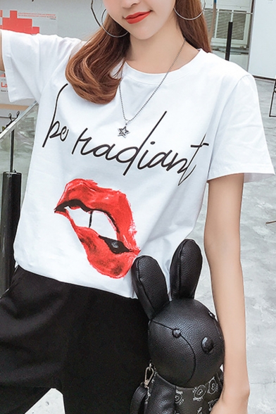 Trendy Mouth Letter BE HADIANT Printed Round Neck Short Sleeve Loose Fit White T-Shirt