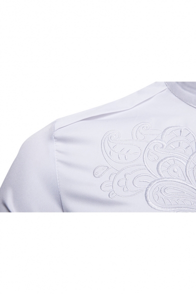 Trendy Royal Floral Embroidery Stand-Collar Long Sleeve Button-Up Fitted Shirt for Men