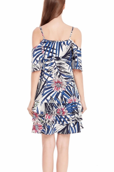 Trendy Tropical Floral Printed Cold Shoulder Spaghetti Straps Ruffle Hem Mini A-Line Dress