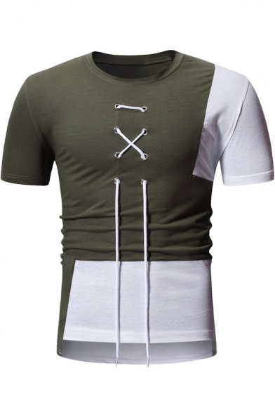 Unique Lace-Up Drawstring Front Stylish Colorblock Patchwork Men's Slim Fit T-Shirt