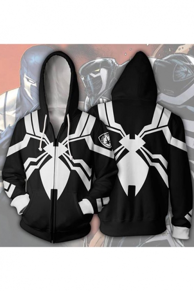 3D Spider Printed Cosplay Long Sleeve Zip Up Loose Fit Black and White Drawstring Hoodie
