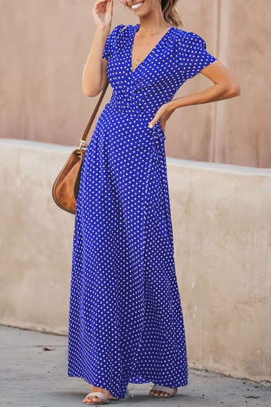 Women's Holiday Fashion Polka Dot Print V-Neck Short Sleeve Floor Length A-Line Dress