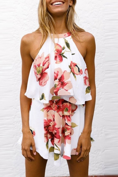 Women's Sexy Floral Printed Halter Sleeveless Crop Tank with Elastic Waist Loose Shorts Chiffon Co-ords