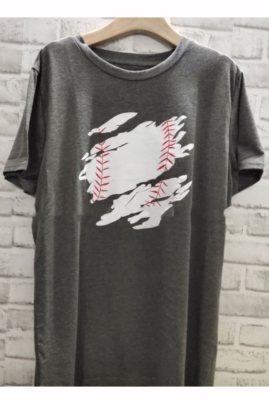 Womens Cool Baseball Printed Round Neck Popular Short Sleeve Grey T-Shirt