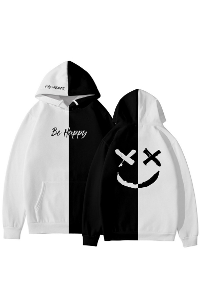 American Rapper Smile Face Letter BE HAPPY Colorblock Two-Tone Relaxed Fit Unisex Hoodie