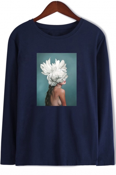 Aesthetics Long Sleeve Round Neck Figure Floral Printed Unisex Loose T-Shirt