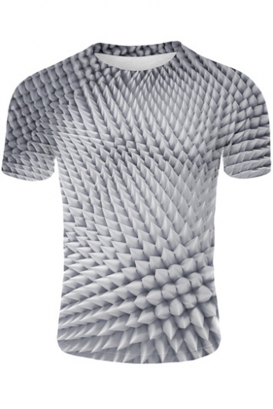 3D Pattern Short Sleeve Round Neck Grey T-Shirt