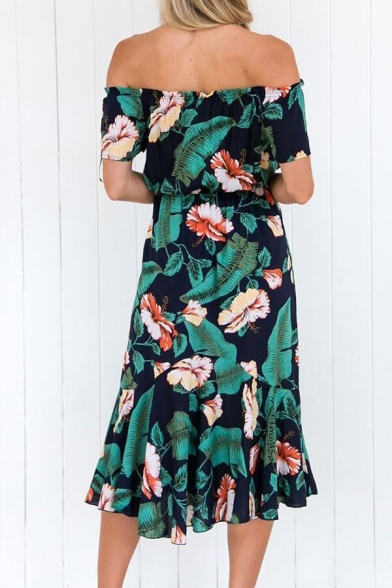 Boho Style Off the Shoulder Short Sleeve Floral Tropical Print Tied Waist Green Midi A-Line Beach Dress