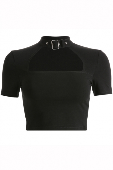 Cool Buckle Choker Neck Hollow Out Short Sleeve Black Crop T-Shirt