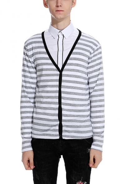 Fashion Classic Stripe Printed Long Sleeve V-Neck Button Front Cardigan