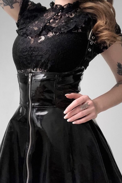 Fashion Cool Plain Straps Sleeveless Zipper Front Black Mini PU Overall Dress
