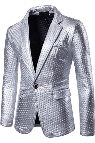 Fashion Dot Embossing Design Metallic Color Long Sleeve Notched Lapel Collar Single Button Mens Suit Blazer