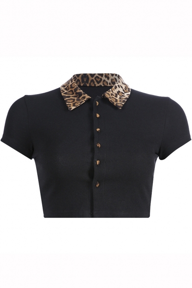Fashion Leopard Lapel Collar Short Sleeve Button Front Black Cropped T-Shirt