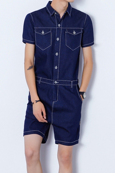 Guys Fashion Contrast Stitching Short Sleeve Lapel Collar Button Front Denim Playsuits Shorts Rompers